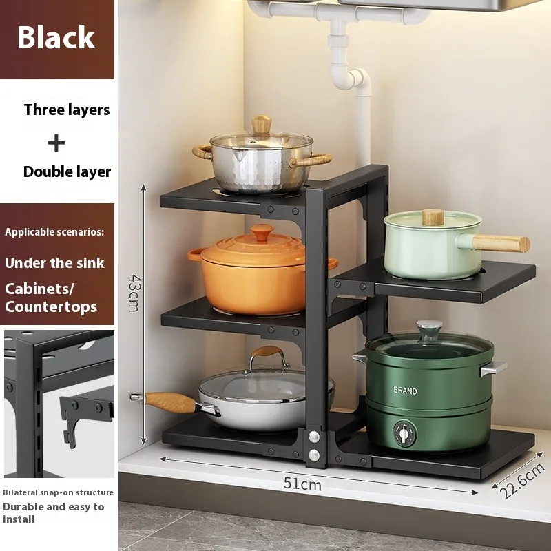 Double Sided Pot Multi-Tier Adjustable Under Cabinet Kitchen Organizer Heavy Duty Pot Shelf for Cookware Storage Space Saving kitchen storage rack,kitchen organizer,kitchen organizer rack