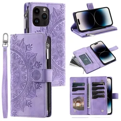 Luxurious Crossbody Leather Flip Case with Lanyard and Zipper Wallet Card Holder - iPhone 13 Pro Max (Purple)