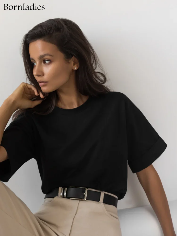 Bornladies 2025 Women's Summer 100% Cotton T-shirt Bottoming Basic Fashionable Solid Lady Short Sleeve Loose Tops Shirts