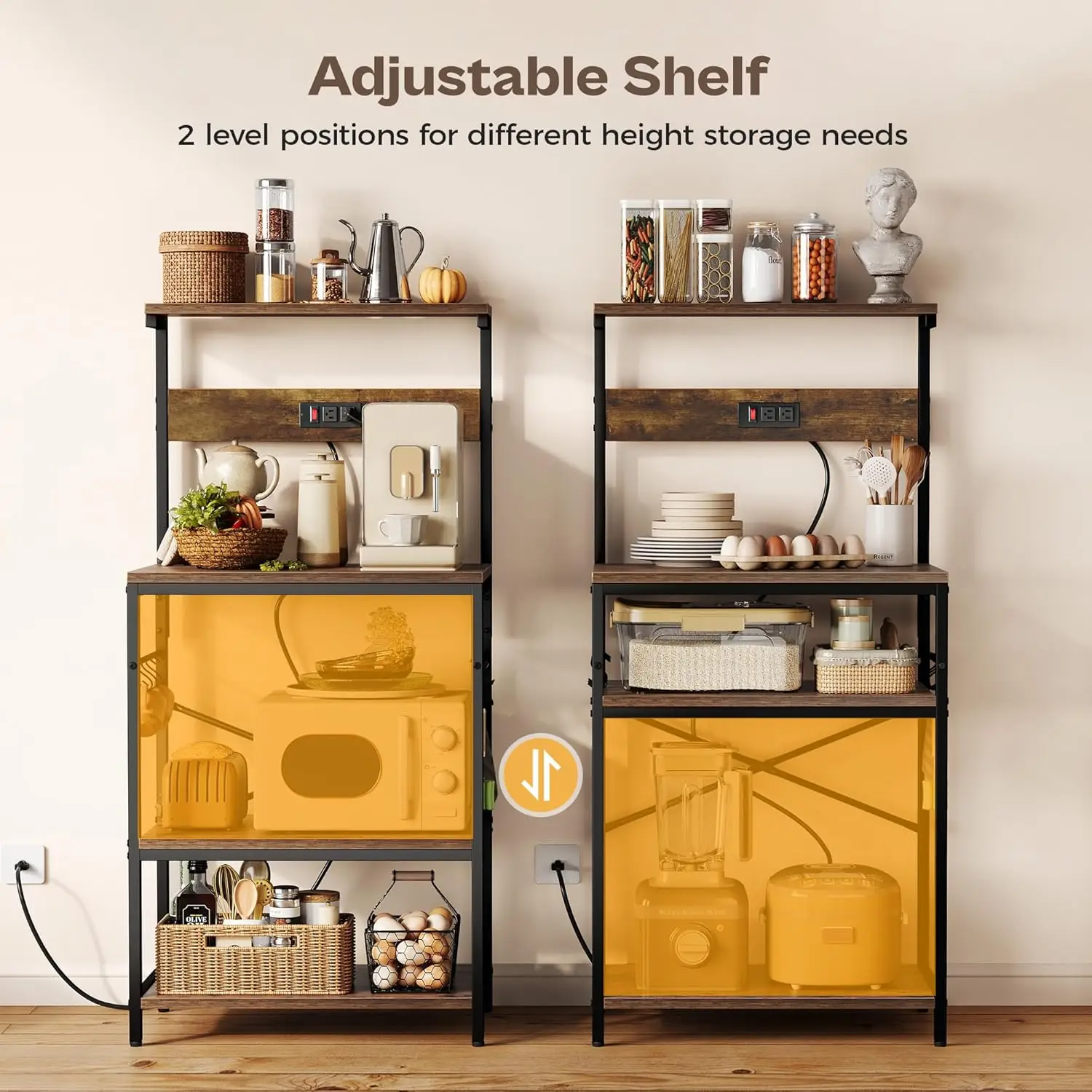 Kitchen Bakers Rack with Power Outlet, Coffee Bar Table 4 Tiers, Kitchen Microwave Stand with 6 S-shaped Hooks 5