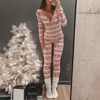 Women's Christmas Jumpsuit Pajama Long Sleeve V Neck Snowflake Plaid Print Romper Overall Sleepwear Party Casual Loungewear