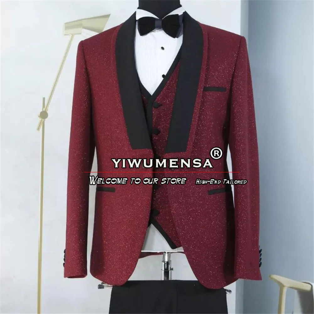 

Royal Men Suits Black Notch Lapel Burgundy Groom Wedding Tuxedos Custom Made Sparkly Jacket Vest Pants 3 Pieces Dress Elegance