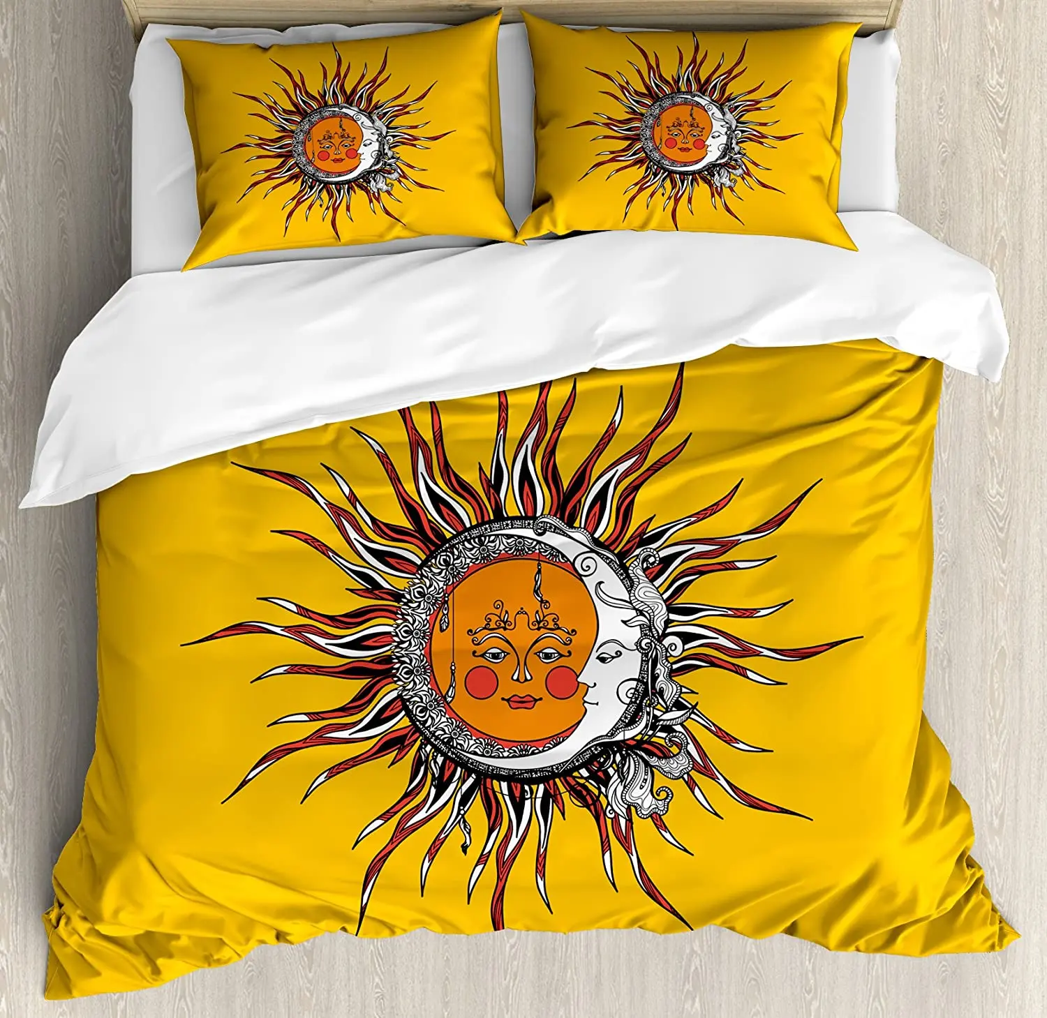 Sun Bedding Set For Bedroom Bed Home Abstract Celestial Patterns with Anthropomorphic Face Duvet Cover Quilt Pillowcase |