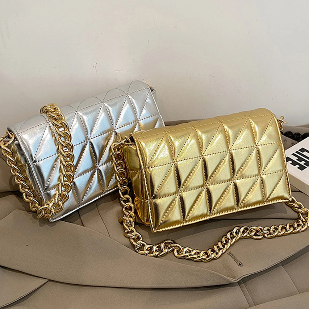 Small Quilted Handbags for Women Glossy Leather Square Bag Chain Shoulder  Bags Luxury Ladies Evening Party Shinny Clutch Bags