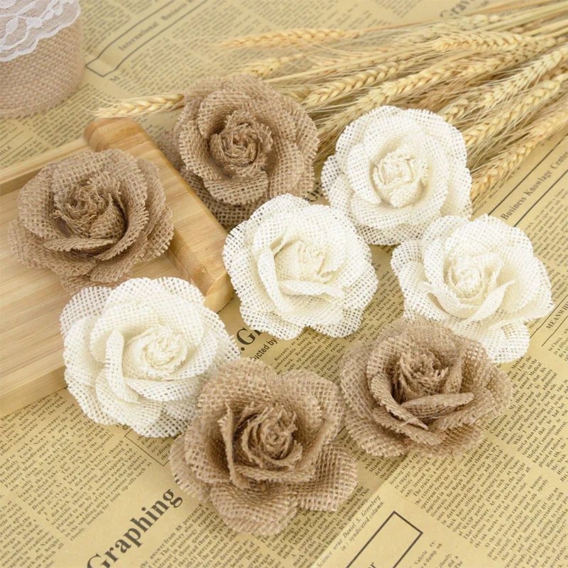 Beige and Wheat Colored Burlap Ribbons and Petals with Burlap Flowered  Center