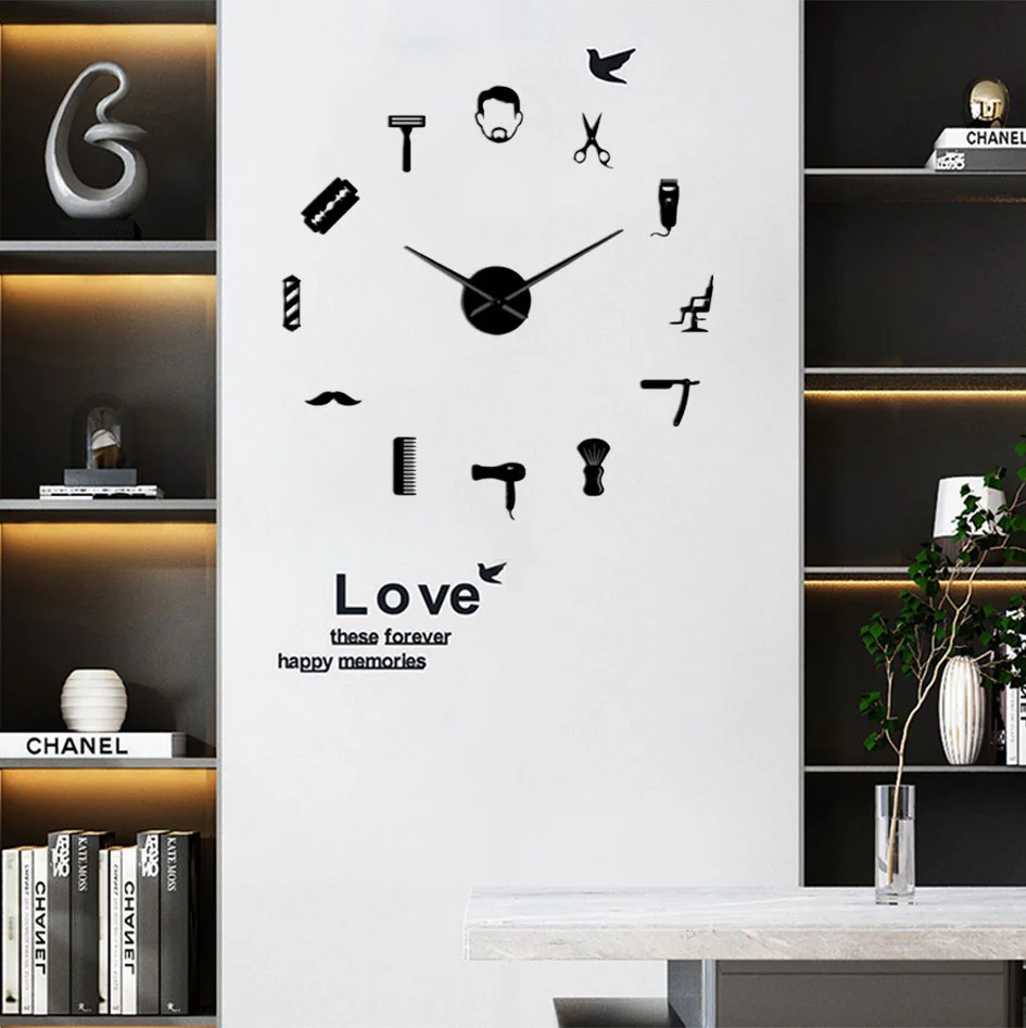 Barber Shop Giant DIY Wall Clock Modern Design Barbershop Decoration 3D DIY Wall Mirror sticker Hair Stylist Hairdresser Gift