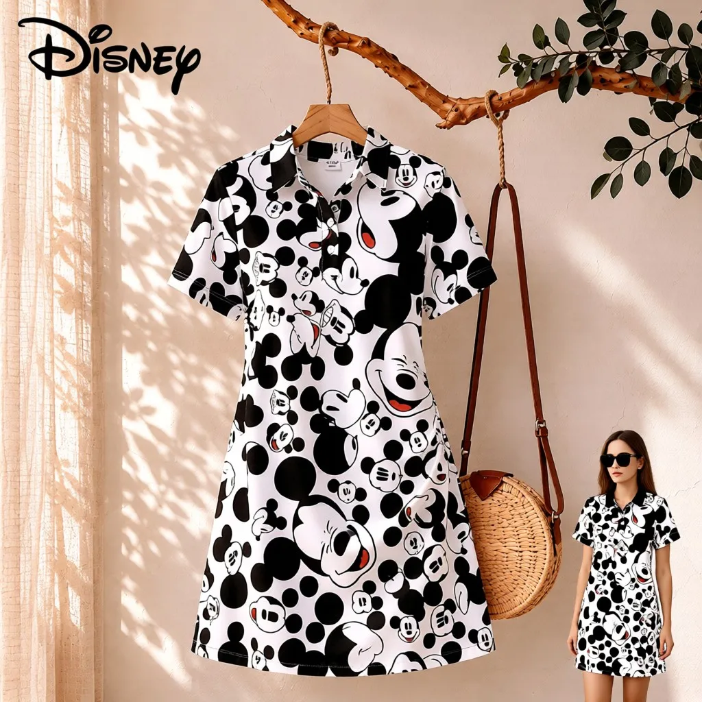 Damenbekleidung Disney Mickey Mouse Print Polokragen-Kleid 2026 Party Cuteore Minnie Elegantes Kleid Anime Casual