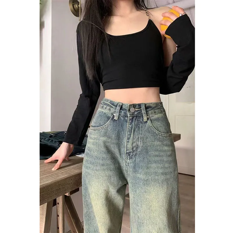 Getadme 4 Vintage 90S Baggy Straight Denim Trousers Female Y2K High Waist Loose Wide Leg Jeans Women Streetwear All-Match Casual Pants New