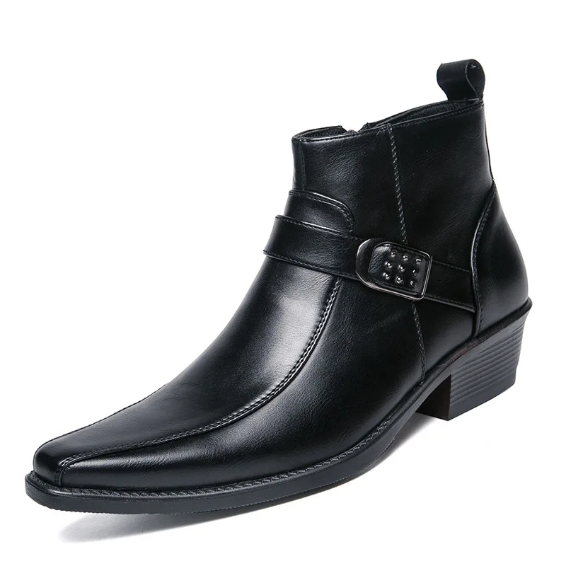 Men Chelsea Boots Retro Cowboy Leather Pointed Toe Zipper Autumn Winter