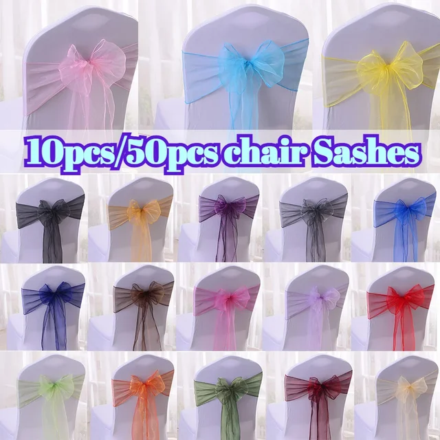 New Organza Blue Yellow Chair Sashes Tie Strap Chair Back Flower Stretch Chair Sashes Bowtie Hotel Wedding Decoration Supplies