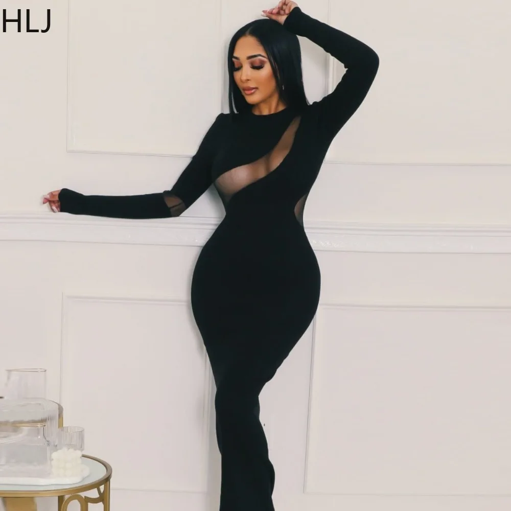 

HLJ Sexy Mesh Splicing Rhinestone Bodycon Party Club Dresses Women Round Neck Long Sleeve Slim Vestidos Fashion Solid Clothing