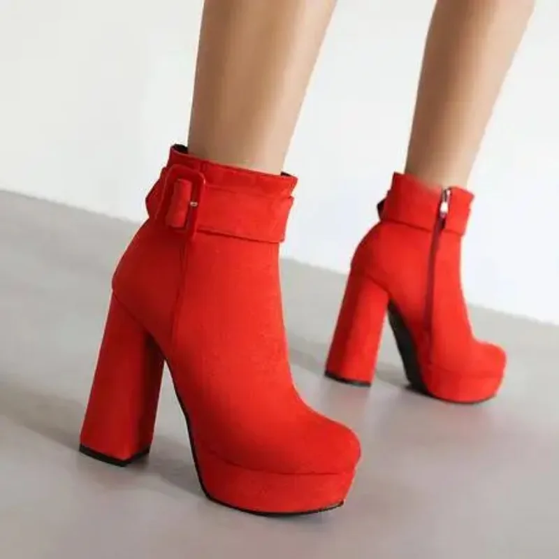 Women Ankle Boots Round Toe Block Heels 12cm Platform Zipper Belt Buckle Flock Suede Plus Size 45 46 Party platform boots,winter boots,ankle boots,women high heeled boots