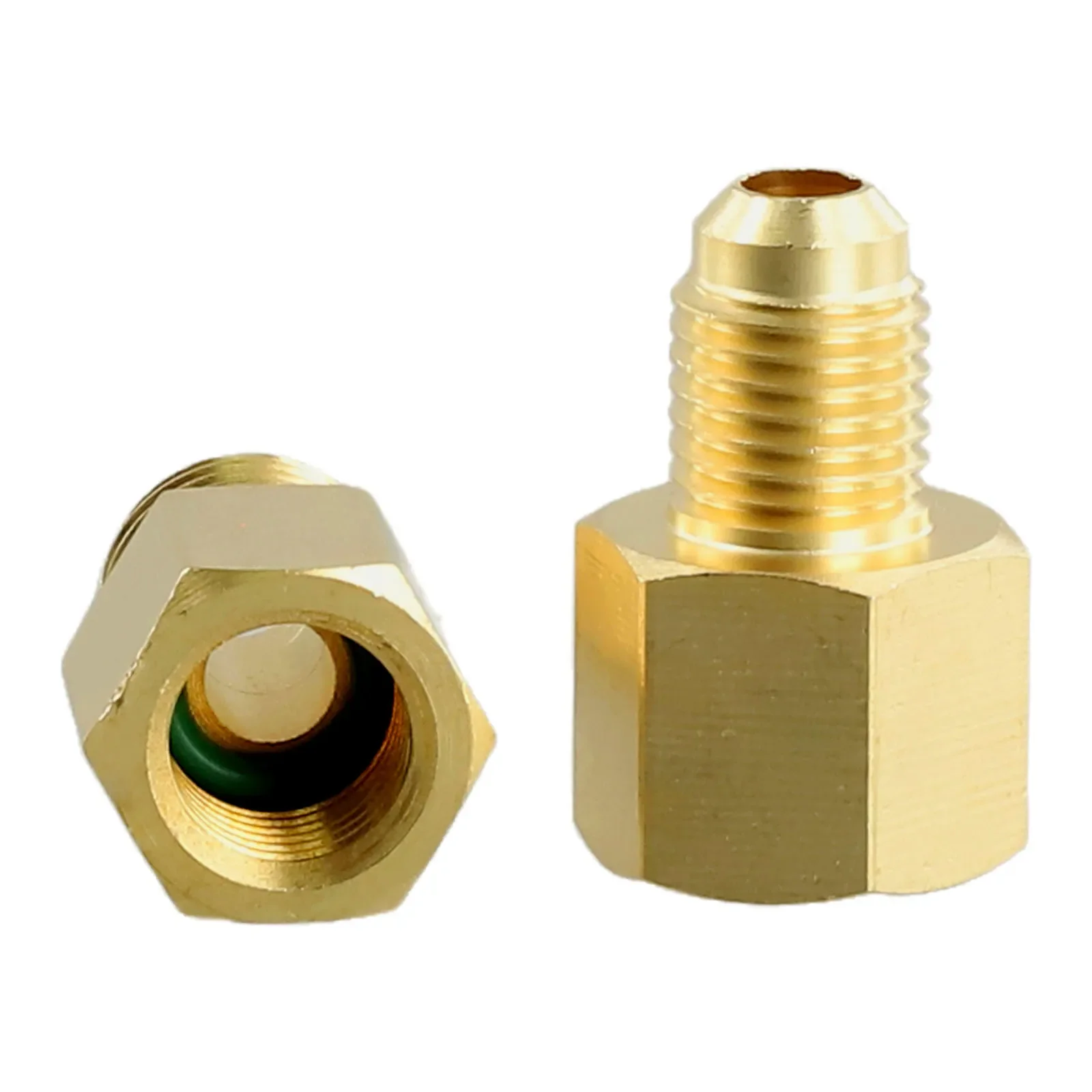 

Automotive R12 To R134a And R134a To R12 Adapters Brand New High Quality Brass Gold Color 2pcs 1/4 Female Bell X 1/2 Male ACME