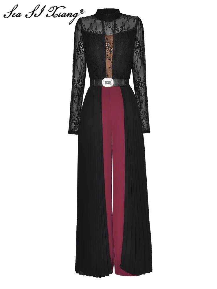 

Женские комбинезоны с воротником-стойкой Seasixiang, весенние кружевные комбинезоны в стиле пэчворк с длинным рукавом и поясом, офисные плиссированные широкие брюки