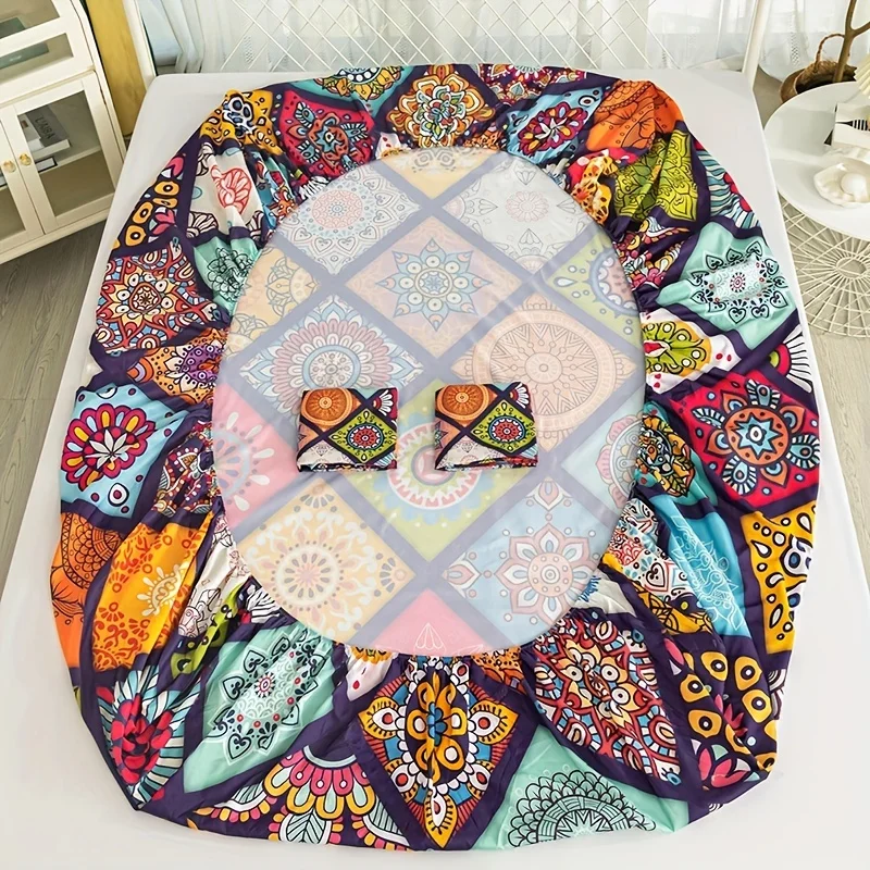 Fashion Bohemian Plaid Printed Fitted Sheet Soft Comfortable Bedding Set For Bedroom Guest Room (1* Fitted Sheet+2*Pillowcases) 4