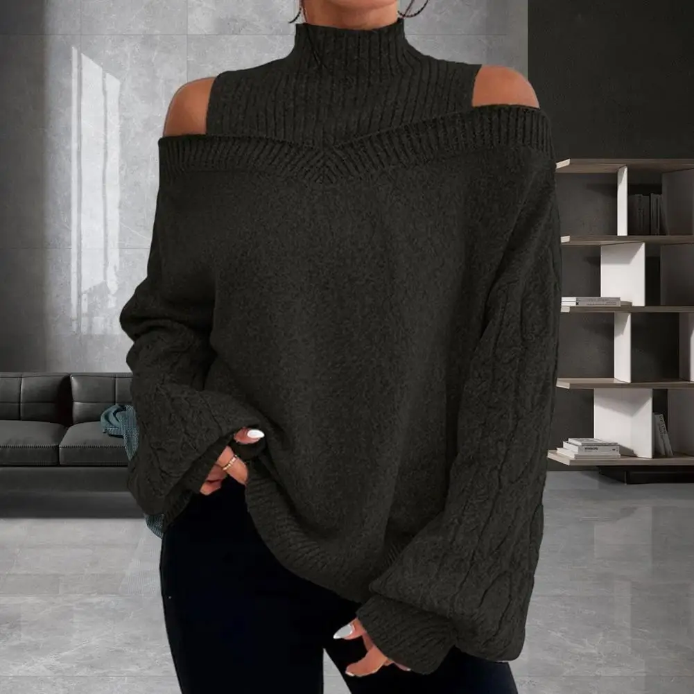 

2023 Winter Women's Halter Neck Sweater Turtleneck Off-Shoulder Long Sleeve Pullover Warm Knitted Round Neck Casual Sweater