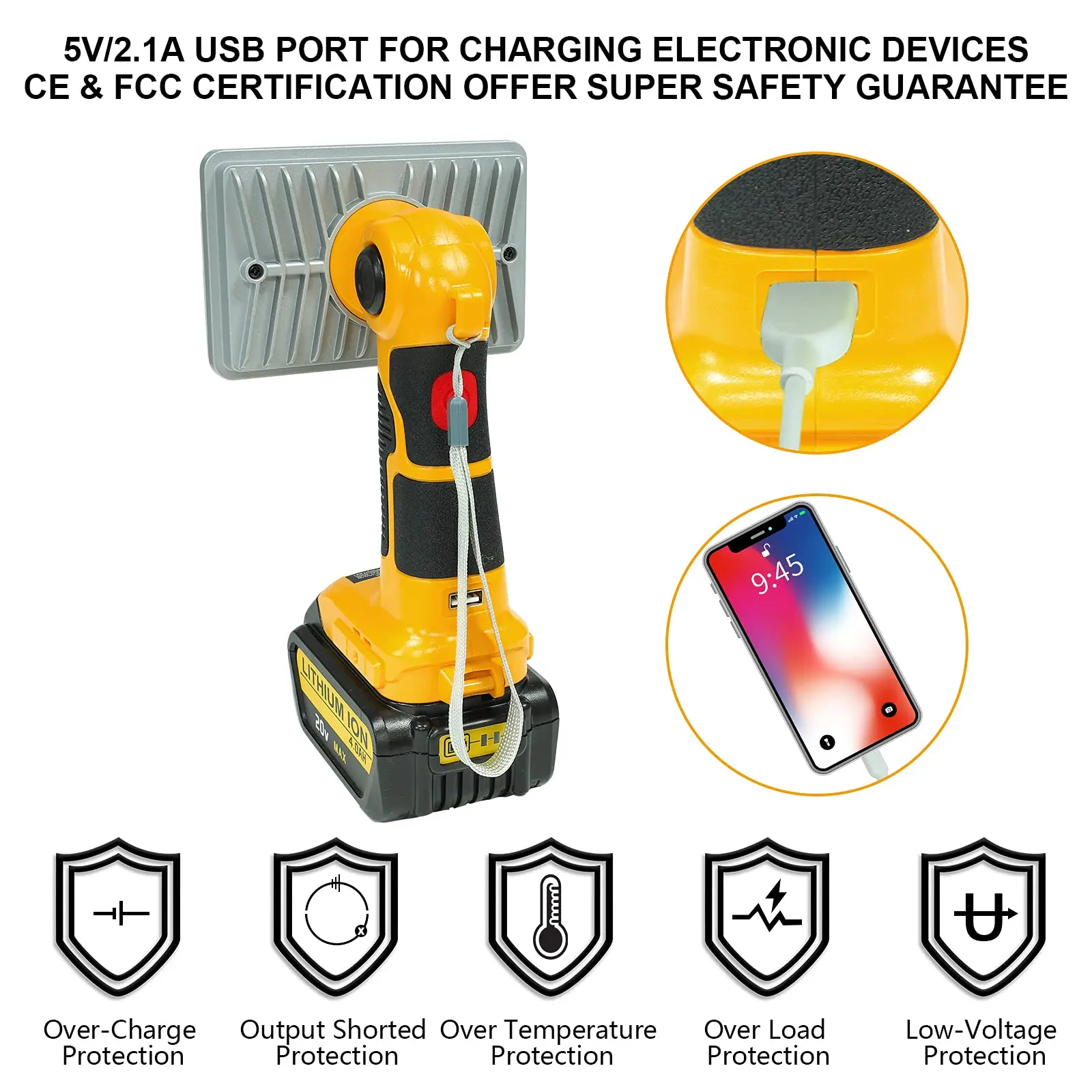 For Dewalt 20v Work Light 18W 2000LM Portable Floodlights Spotlight with USB Cha