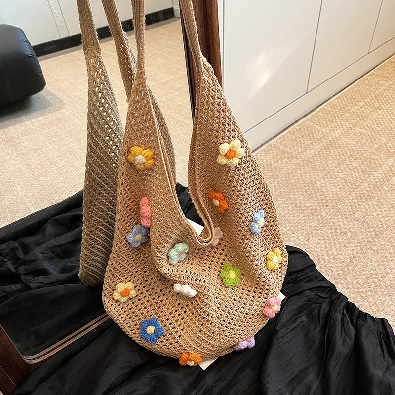 Women's Large Capacity Knitted Tote Handbag Hollow Summer Solid Color Aesthetic Hobo Bag for Daily Use Ladies