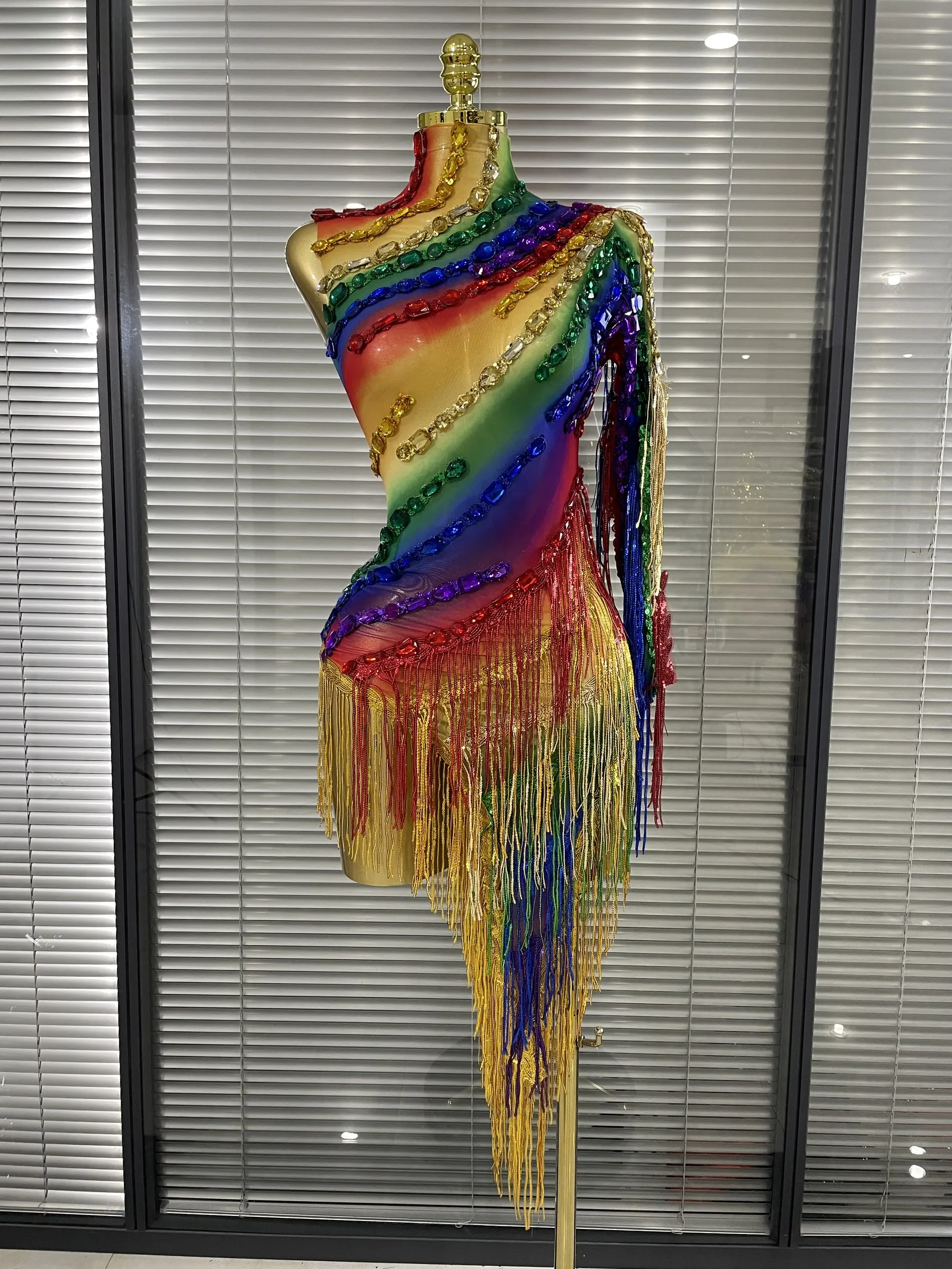New Rainbow Women Sexy One Shoulder Mesh See Through Tassles Bodycon Mini Dress Birthday Fashion Bar Singer Performance Stage