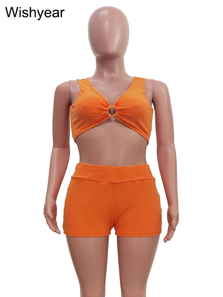 Sexy Beach Knitted Ribbed Orange Two 2 Pieces Sets Women Clothing Sleeveless Tank Tops and Shorts Summer Birthday Club Outfits