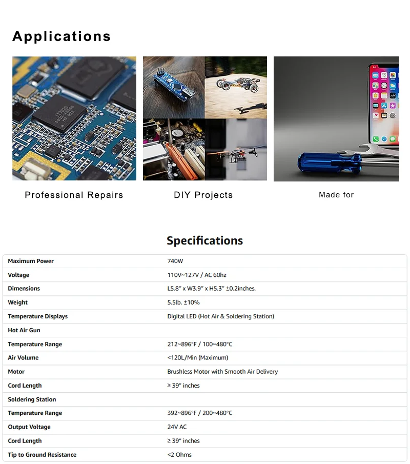 8786D 2-in-1 Soldering & Hot Air Rework Station 740W 212-896°F PID Sleep Mode wi