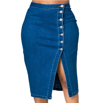 Moda monopetto Splicing Open-front Denim Wrap Hip gonna donna blu scuro Daily Commuter Smart Style abiti a metà corpo 1