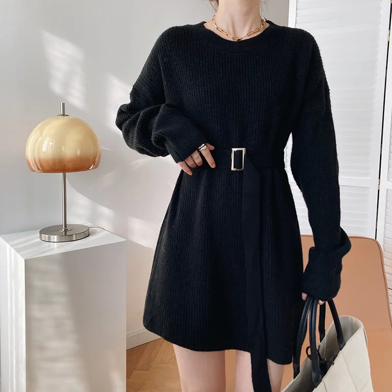 

Elegant Solid Color Knitted Dress Women Korean Fashion Sweaters Spring 2023 Ladies Long Sleeve Casual Loose Dresses with Belt