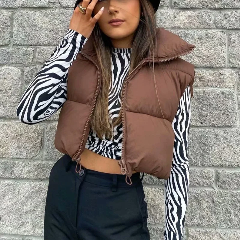 Fashion Brown Short Waistcoat Women Winter Stand-up Collar Thick Cotton Waistcoat Zipper Vest Sleeveless Bread Jacket Waistcoat