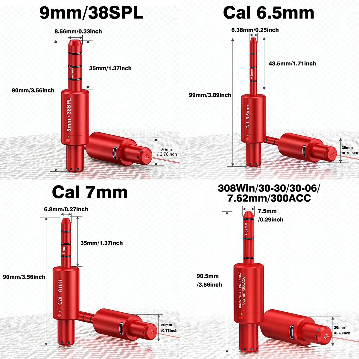 22LR 22 LR 40S&W 30-30 .25 .27 7mm 6.5mm 177 7.62 300win 12GA 45ACP 223rem 9mm Laser Training Bullet Bore Sight Dry Fire Laser
