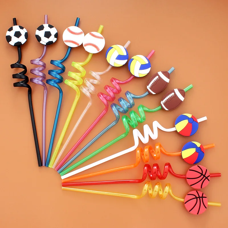 12pcs Reusable Sports Ball Straws-Basketball Soccer Baseball Themed Drink Straws for Birthday Parties Festivals and Weddings