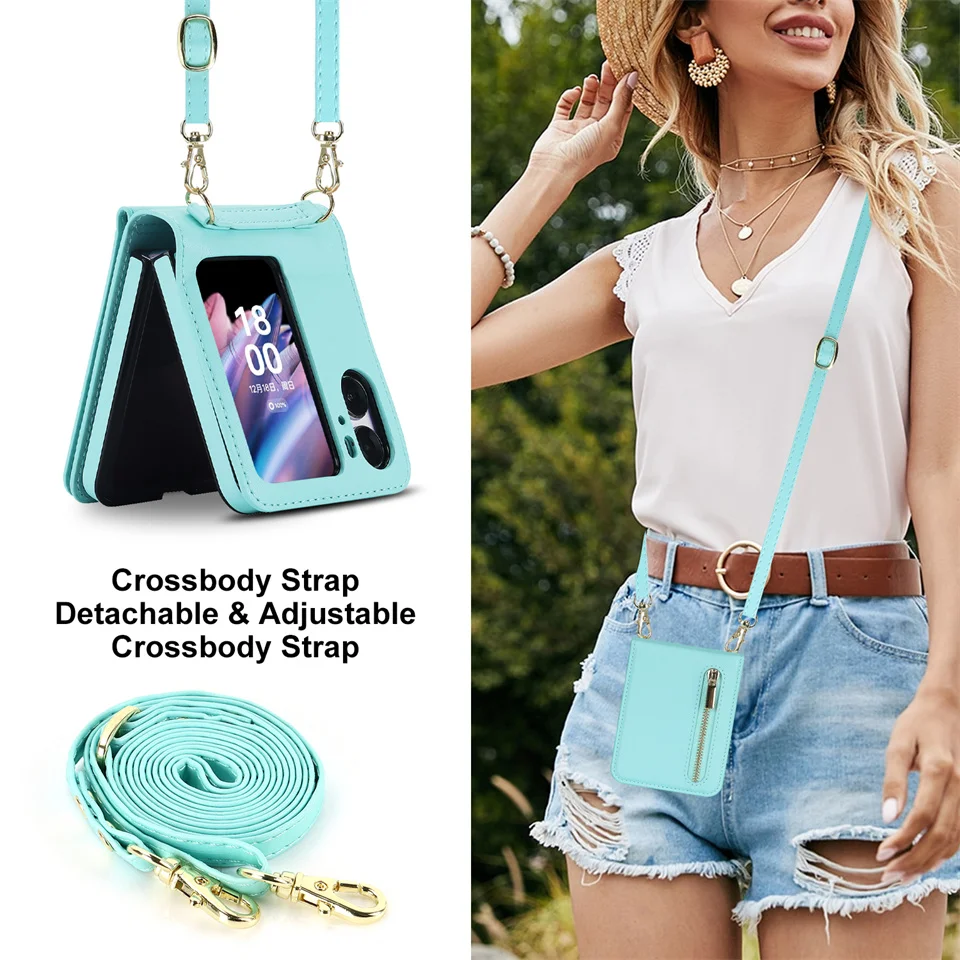 Zipper Wallet Purse Crossbody Case For OPPO Find N2 Flip N3Flip Shoulder Strap Lanyard Neckstrap Cards Solt Holder Pocket Cover