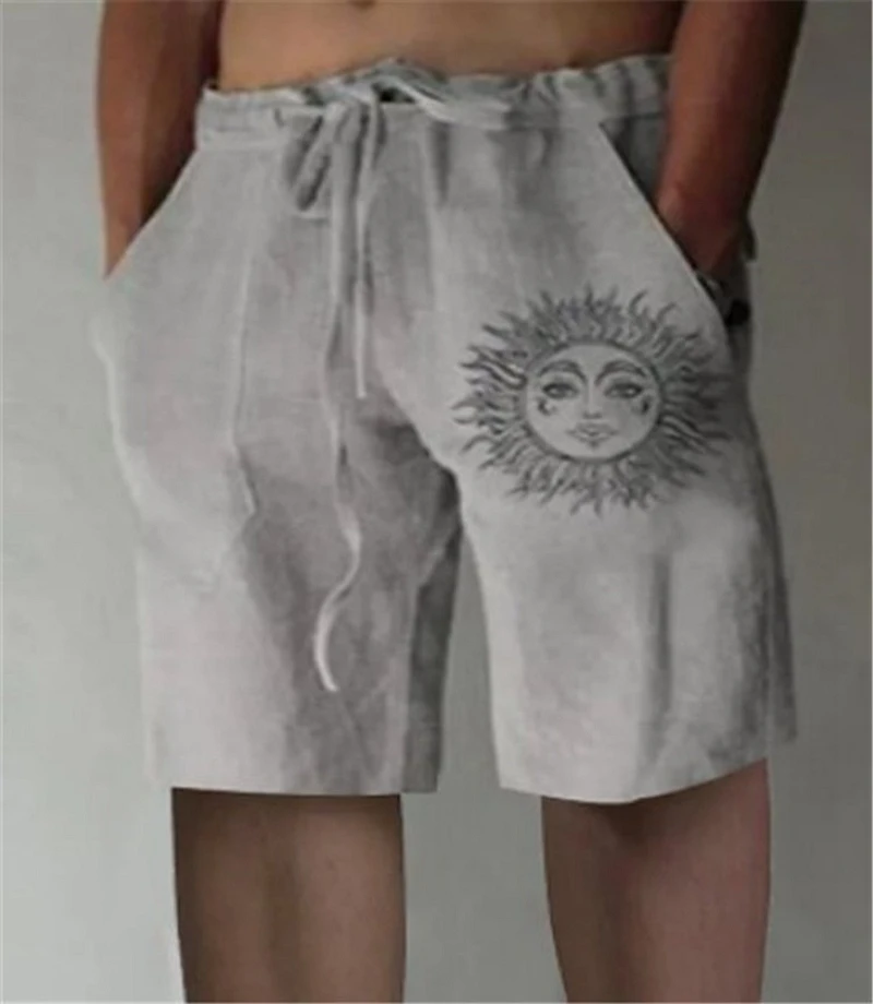 

New Men's Cotton Linen Shorts Solid Sun Print Loose Shorts Summer Breathable Casual Linen Trousers Oversize Fitness Short Pants