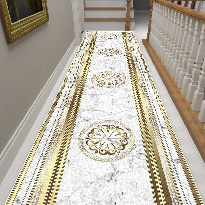 European Style Luxury White Long Corridor Carpet Marble Decoration Runners Non-slip Rugs Hall Stairs Passageway Easy Clean Mat 2