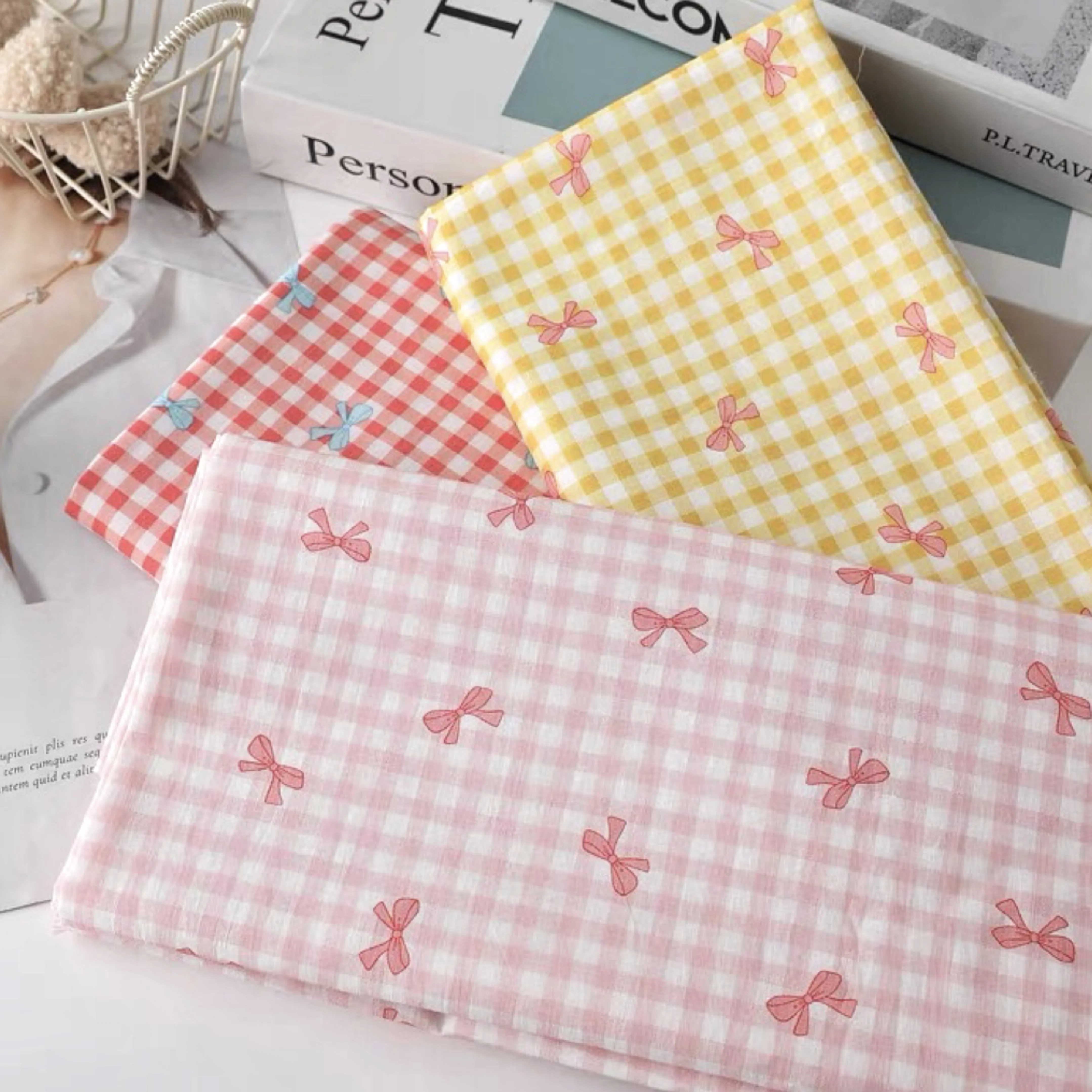Colorful Checkered Bow Cotton Fabric 60S Printed Fabric for Making Dresses Shirts Pajamas Home and Children's Clothing Handmade Cotton Fabric
