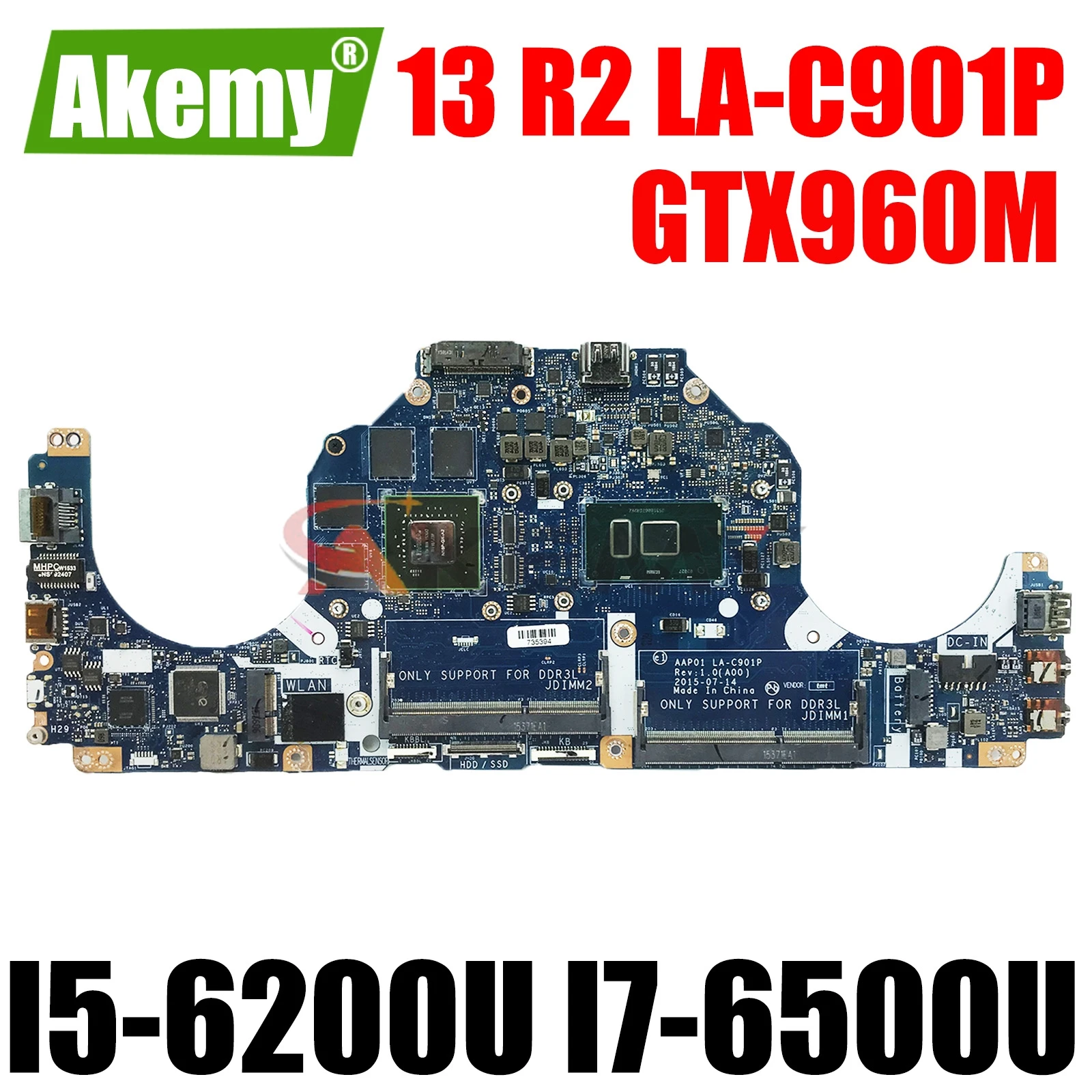 

For Dell Alienware 13 R2 Laptop Motherboard AAP01 LA-C901P Mainboard With CPU I5-6200U I7-6500U GTX960M CN-0NHYX3 CN-0VC62V