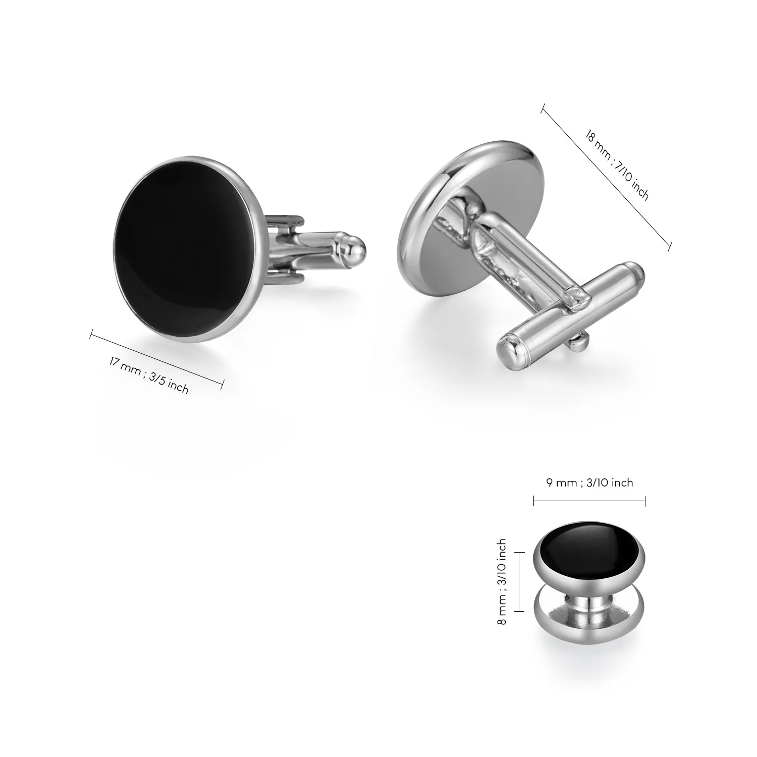 thumbnail image 2 of Men's Black & Silver Tuxedo Studs And Cufflinks Set - Stainless Steel Formal Shirt Buttons With Gift Box 2 of 9