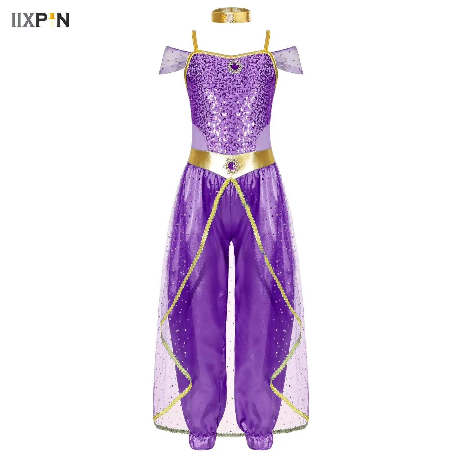 

Женский костюм принцессы в арабском стиле, длинный Блестящий Комбинезон с блестками, боди с чокером для Хэллоуина, платье для косплея, для танцев и представлений