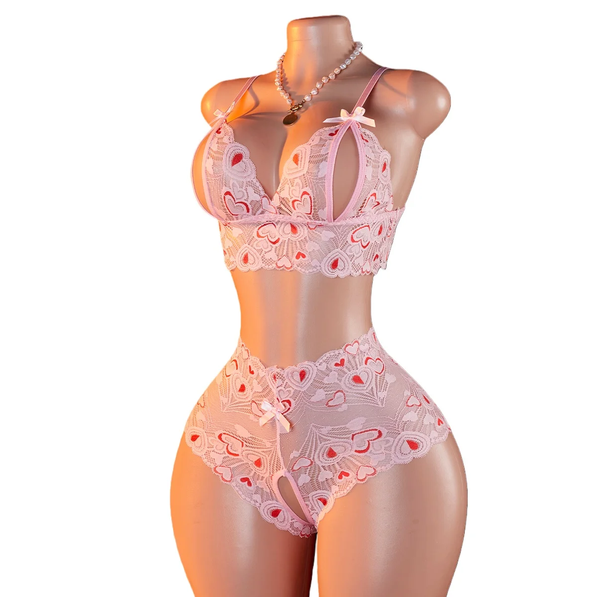 Ensemble de lingerie sexy pour femme, soutien-gorge ouvert en dentelle rose, culotte sans entrejambe, lingerie féminine, sling séduisant, sous-vêtements transparents fétichistes 1