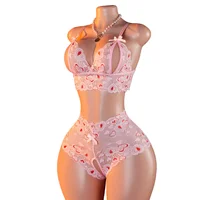 Ensemble de lingerie sexy pour femme, soutien-gorge ouvert en dentelle rose, culotte sans entrejambe, lingerie féminine, sling séduisant, sous-vêtements transparents fétichistes 1