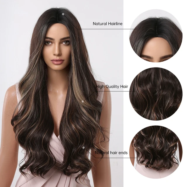 Brown with Blonde Highlight Synthetic Hair Wigs Long Wavy Wig Middle Part for Women Daily Use Party Cosplay Wig Heat Resistant 3