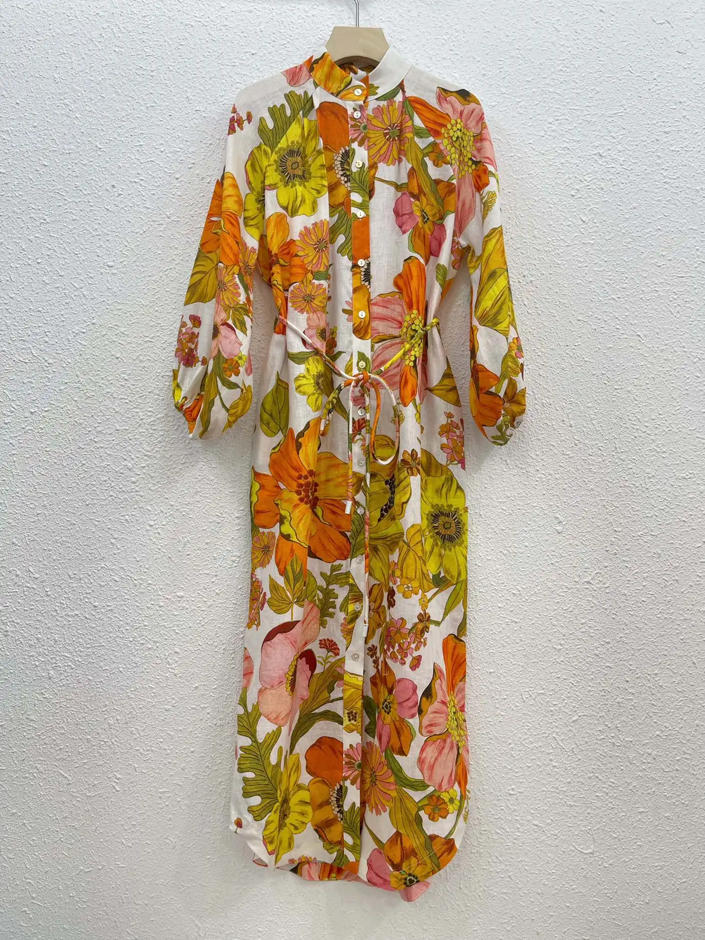 

EVACANDIS 100% Linen High Quality Women New Floral Printing Long Lantern Sleeve Midi Dress With Belt Single Breasted Vintage