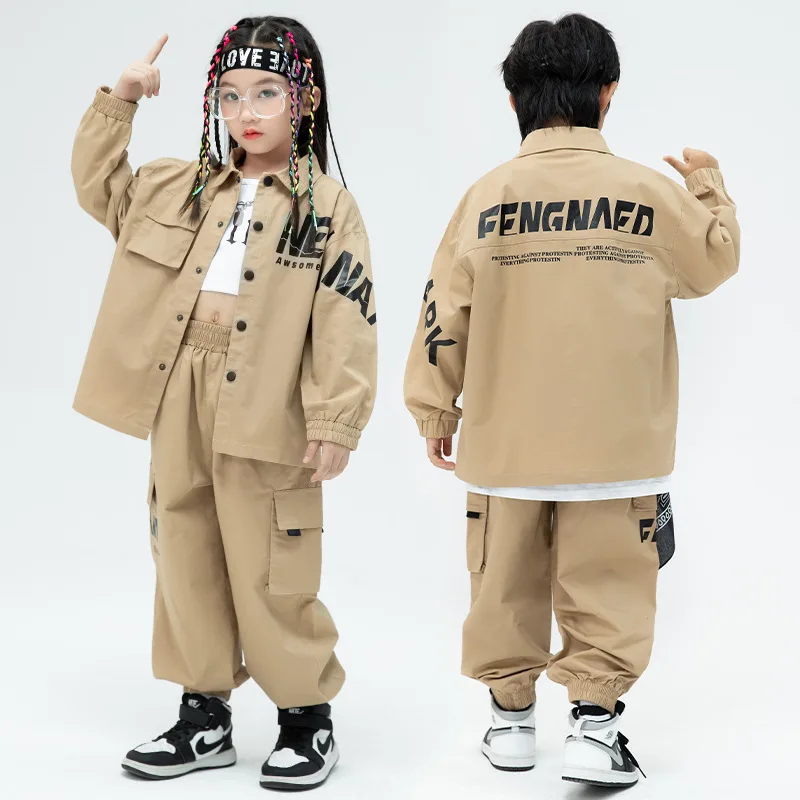 

Kids Hip Hop Dance Costume Tooling Clothes For Girls Khaki Navel Jazz Performance Outfit Kpop Stage Wear Boys Hiphop Suit