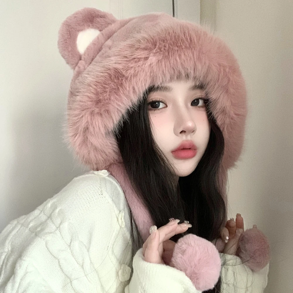 

HT4265 Thick Warm Winer Hat for Women Cute Ears Snow Ski Earflap Cap Ladies Fluffy Fur Russian Hat Female Windproof Russian Caps