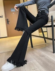 2023 Autumn Black Flare Denim Pants Women Korean Fashion Tassel Design Wide Leg Jeans Woman American Retro High Waist Trousers