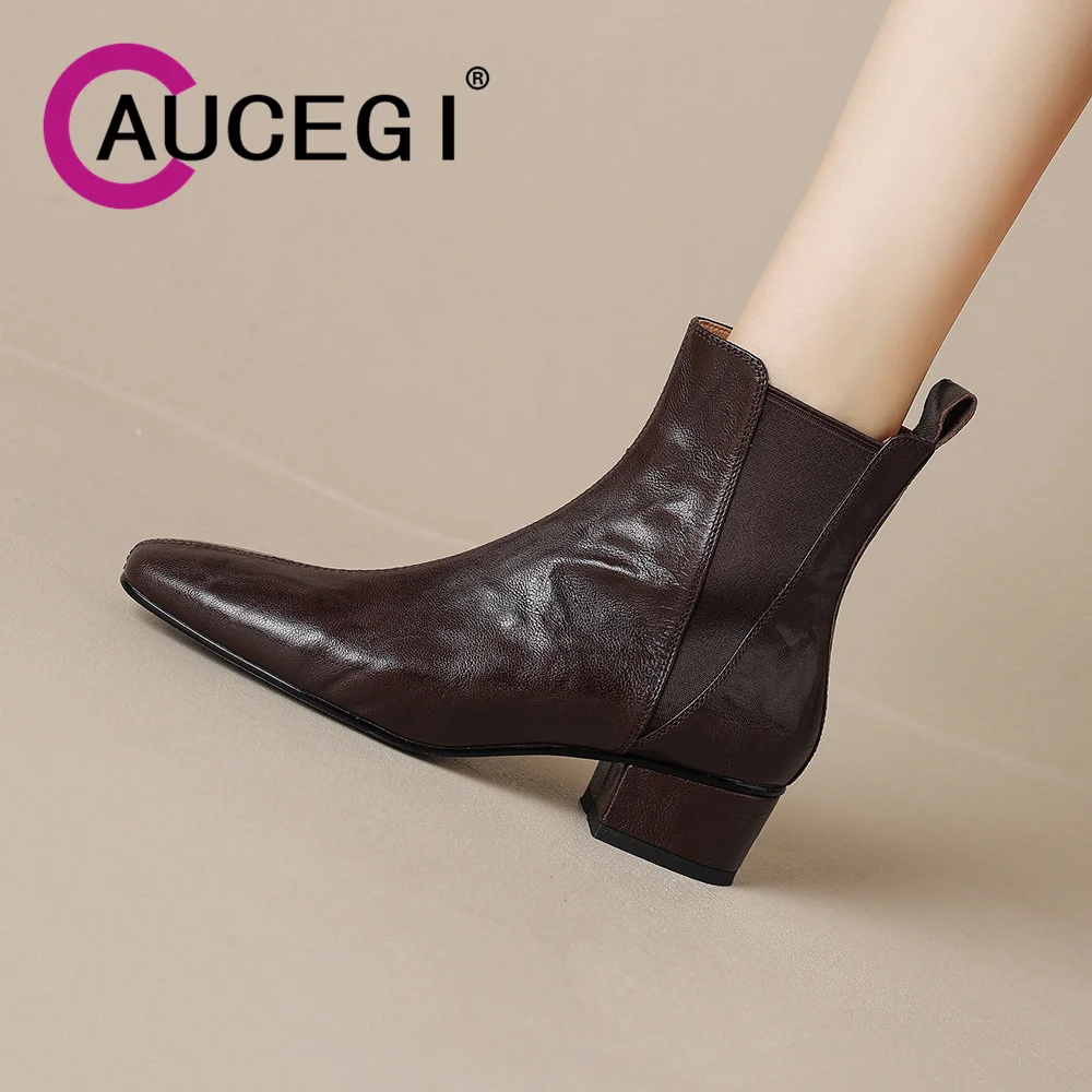 

Aucegi Brown Women Genuine Leather Square Toe Versatile Shoes Fashion Slip On Block Heel Shoes Autumn Winter Chelsea Ankle Boots