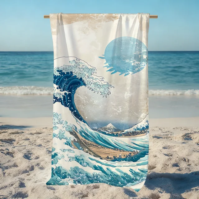 Beige Cartoon W-wave-e art Towel Large Quick-Drying Microfiber soft Beach Towel for Travel Fitness Sauna Bathing Camping 3