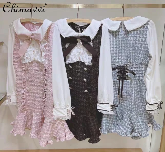 Japanese Mine Style Mass-Produced Sweet Girl Plaid Dress 2024 Summer New Lolita Slim-Fit Short Sleeve Elegant Short Dress Women
