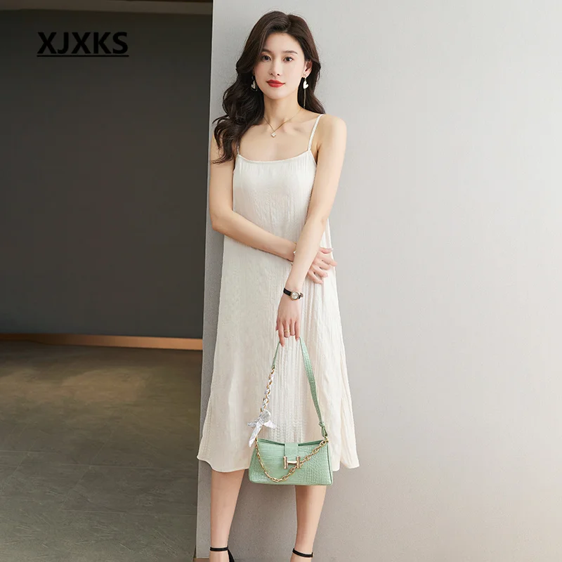 

XJXKS 2023 Summer New Fashion Halter Women's Dress Pure Colour All-match Loose High-end Fabric Ice Silk Linen Knit Vestidos