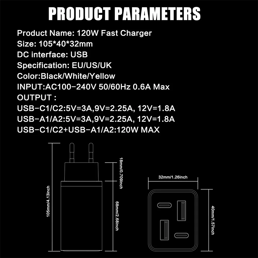 120W USB C Charger 4 Ports Fast Charging EU/US/UK Plug Wall Charger Adapter For