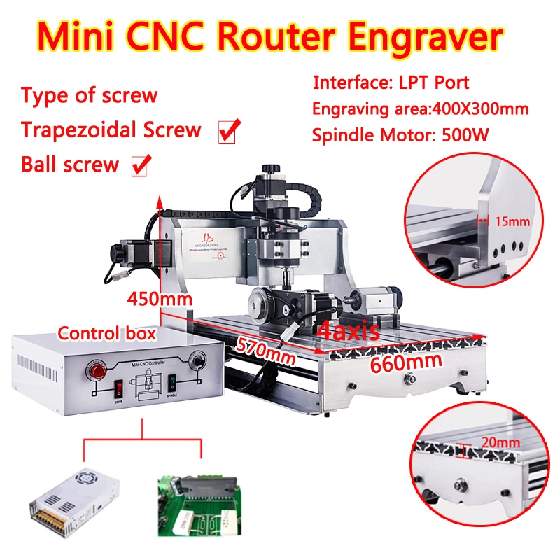 

LY Mini CNC Router Engraver 4030 LPT Port 3axis/4axis Upgrade 500W Milling Machine Industry, PCB, Artwork, Crafts Engraving Work